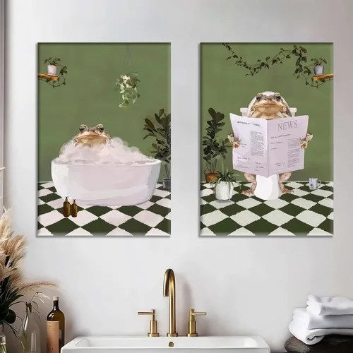 Vista 6 de 2 piezas de arte de pared de rana de baño, creatividad, estética, maximalista, verde, pósteres de imágenes de rana en la bañera, pintura en lienzo