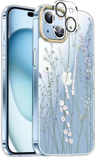 Vista 13 de luolnh Funda compatible con iPhone 15, para mujeres y niñas, a prueba de golpes, transparente, patrón floral, carcasa trasera dura para iPhone 15