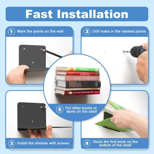 Vista 7 de Estantería flotante de libros FENTEC para pared, estantería flotante invisible montada en la pared, estanterías colgantes resistentes, estante