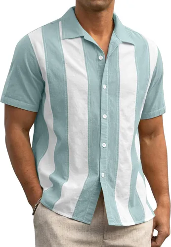 Vista 6 de Camisa de verano a rayas para hombre, camisa de guayabera cubana con botones, camisa de manga corta para playa, camisas hawaianas de trabajo casual