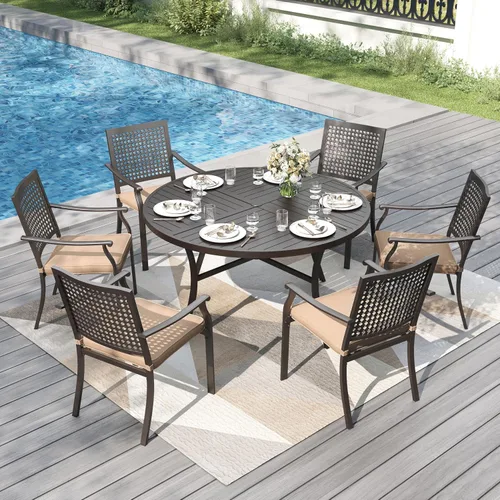 Vista 21 de PHI VILLA Juego de comedor al aire libre de 5 piezas para 4, sillas apilables con cojines y mesa cuadrada de madera de 37 pulgadas con agujero