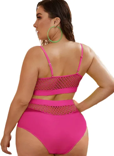 Vista 2 de Floerns - Conjunto de bikini de cintura alta y parte superior de red talla extragrande para mujer