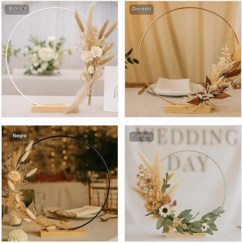 Vista 8 de Paquete de 10 aros florales con soporte de madera de 10 pulgadas, anillos de metal para centros de mesa de bricolaje, decoraciones de mesa Dorado