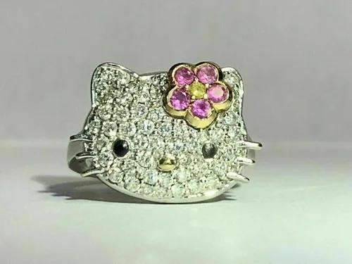 Vista 4 de Hello Kitty - Anillo de diamante de corte redondo de 2 quilates, plata de ley 925 maciza, anillo Art Deco, regalo de mujer, lindo anillo de gatito