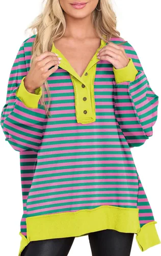 Vista 27 de AlvaQ - Sudadera de gran tamaño para mujer, informal, de manga larga, con botones y cuello Henley, tipo túnica