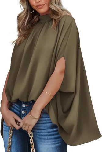 Vista 69 de BTFBM Blusas de verano para mujer, cuello alto falso, manga murciélago, holgadas, dobladillo alto y bajo, blusas informales de gran