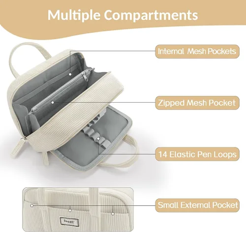 Vista 4 de Sooez Estuche grande para lápices, extra grande con 5 compartimentos, bolsa para bolígrafos de amplia apertura, organizador de pana suave con Beige