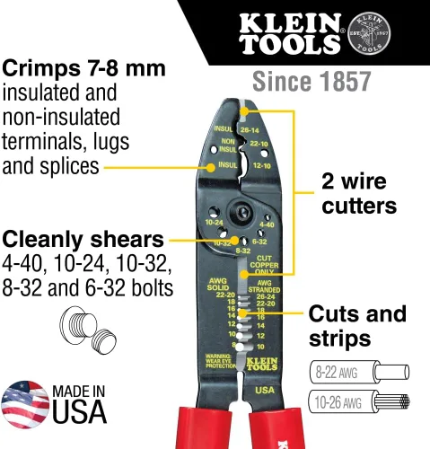 Vista 2 de Klein Tools 1001 Herramienta multiusos, fabricada en EE. UU., pelacables / cortador de alambre / crimpadora para 8-22 AWG, herramienta multiusos