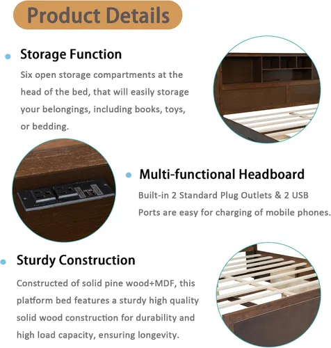 Vista 4 de Polibi Cama de plataforma de madera tamaño King con cabecera de almacenamiento múltiple, puertos y cajones de carga USB, plataforma