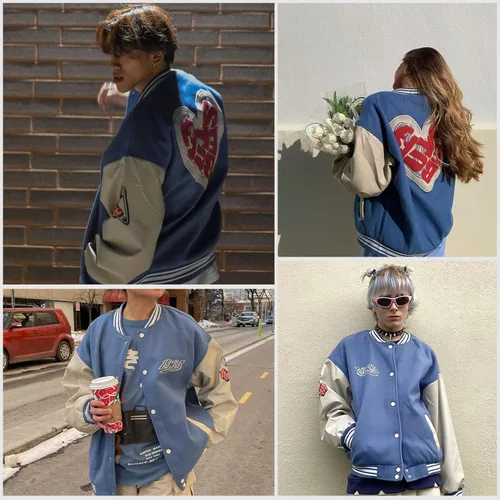 Vista 3 de Aelfric Eden Chaqueta universitaria con estampado de amor y letras para hombre, chaqueta de béisbol con gráficos vintage, unisex, ropa de calle
