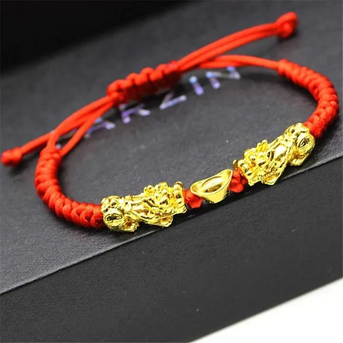 Vista 4 de MANRUO Feng Shui, la mejor pulsera de cuerda roja con doble Pi XiuPi Yao y lingotes de riqueza dorada, joyería atrae riqueza y buena suerte