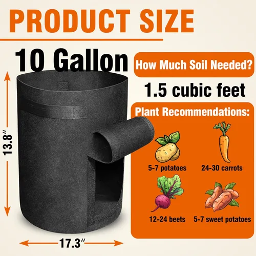 Vista 2 de Gardzen Paquete de 6 bolsas de cultivo de verduras sin BPA de 10 galones con solapa de acceso y asas, adecuadas para plantar papas, taro