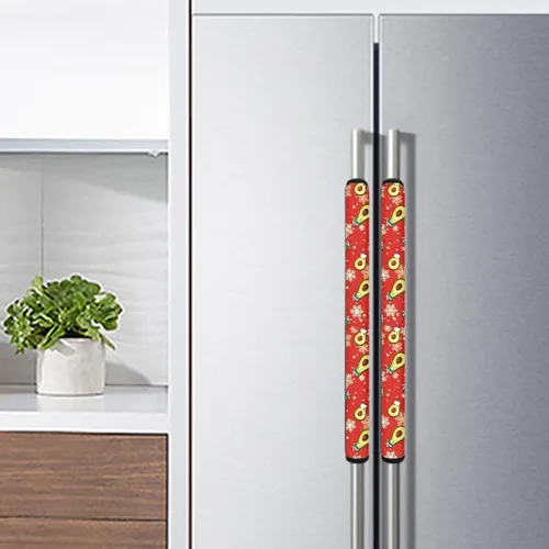 Vista 5 de Juego de 2 fundas para manija de puerta de refrigerador con estampado de copos de nieve de aguacate, protector de manija de puerta de cocina lavable