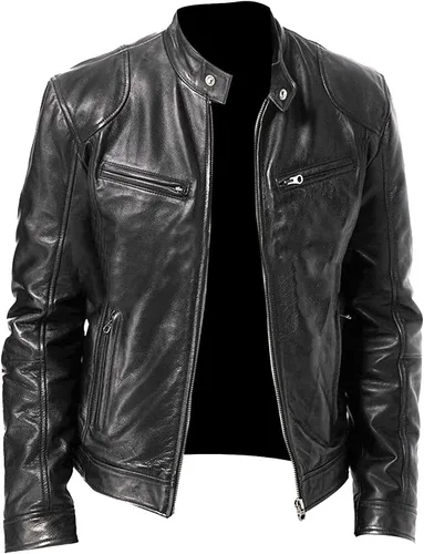 Vista 2 de WENKOMG1 Chaqueta de piel sintética para hombre, abrigo grueso de manga larga con cremallera, parka deportiva básica con bolsillo
