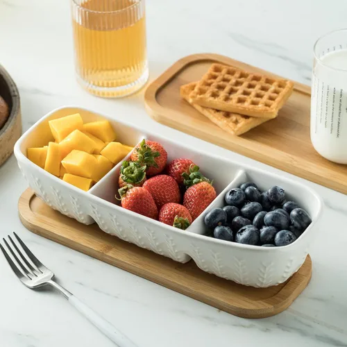 Vista 8 de Miamolo Bandeja de condimentos de 3 compartimentos, recipiente para patatas fritas y salsa con bandeja de madera para servir, perfecto