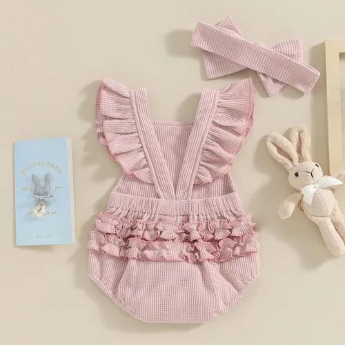 Vista 3 de Ropa de verano para bebé recién nacida, con volantes, sin mangas, con diadema