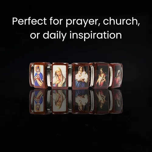 Vista 5 de Catholica Shop Madonna Images - Pulsera devocional elástica de madera. Ropa católica para mujer. Hecho en Brasil