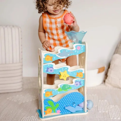 Vista 2 de Melissa & Doug Rollables Ocean Slide - Juguete de caída de pelotas de madera para bebé, 5 piezas de juguetes para bebés con temática oceánica