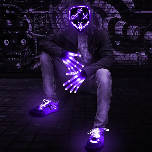Vista 6 de Camlinbo Juego de 3 máscaras LED de Halloween, guantes iluminados y cordones brillantes para Halloween, disfraz de Halloween, fiesta de cosplay