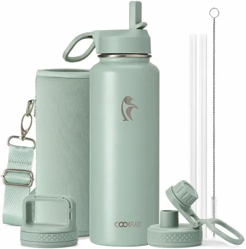 Vista 58 de Coolflask Botella de agua de 24 onzas aislada con pajilla, 3 tapas de metal de acero inoxidable, botella de agua de boca ancha para deportes u