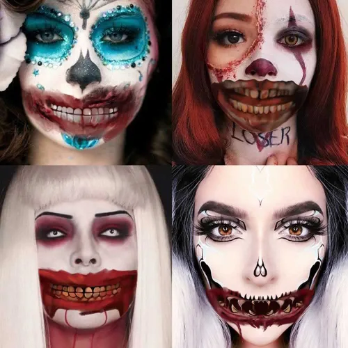 Vista 2 de Calcomanías de tatuaje de Halloween, 10 estilos de broma de Halloween, tatuaje temporal, tatuaje de payaso de terror, boca, cara, tatuaje