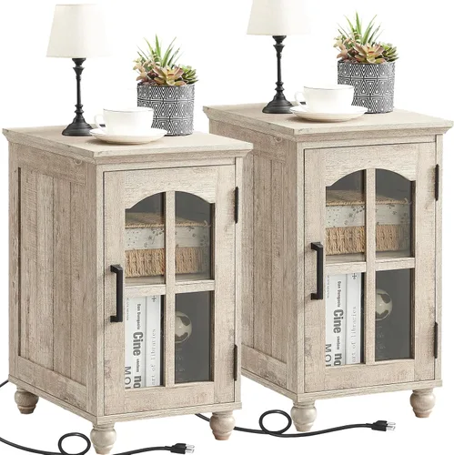 Vista 12 de Mesa auxiliar estrecha, mesita de noche estilo granja con estación de carga, mesa auxiliar de madera con puerta de granero de vidrio y Azul