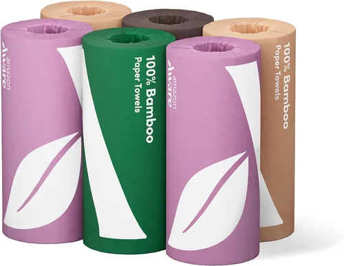 Vista 8 de Amazon Aware Toallas de papel de bambú, 12 rollos, 2 capas, certificado FSC, 150 hojas, 1800 unidades, paquete de 12, sin plástico, color blanco