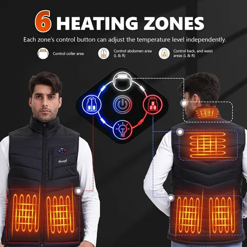 Vista 4 de Chaleco térmico para hombre con batería incluida, chaleco de calefacción eléctrico recargable de 7.4 V, temperatura inteligente. Control