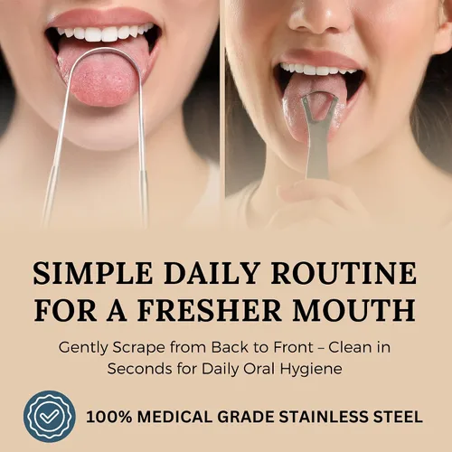 Vista 3 de Paquete variado de raspador de lengua, cuchara de acero inoxidable 100% de grado médico y raspadores de lengua en forma de U para adultos y niños