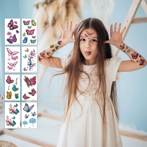 Vista 3 de 30 hojas de tatuajes temporales de mariposa para mujeres y niñas, flores falsas coloridas 3D, mariposas, alas de tatuaje, calcomanías de arte