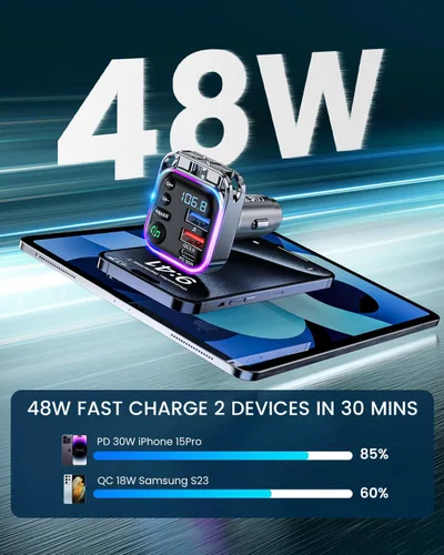 Vista 5 de LENCENT Bluetooth 5.3 Transmisor FM Adaptador de coche 48W (PD30W y QC18W) Fast Charger, Light Switch, HiFi Bass Sound Wireless Radio MP3 Music