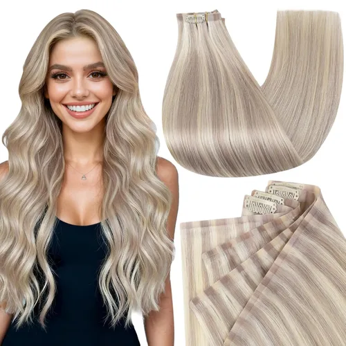 Vista 17 de Full Shine Extensiones de Cabello Rubio con Clip Reflejos Cabello Humano Extensiones con Clip Rubio Ceniza Mezcla Rubio Decolorado PU Extensiones