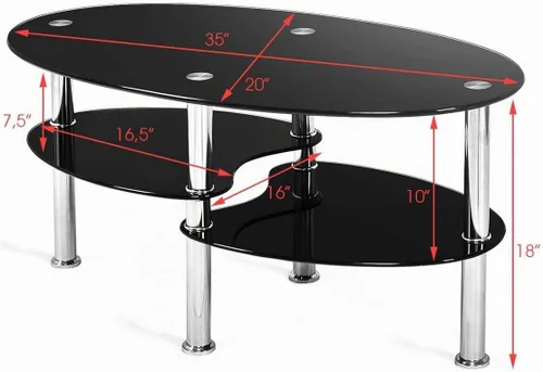 Vista 2 de Mesa de café de cristal S AFSTAR, mesa central de té de 3 niveles moderna ovalada de vidrio liso con estante de almacenamiento abierto, mesa