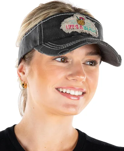 Vista 5 de Funky Junque Gorra de béisbol para mujer, diseño de cola de caballo alta, media visera, ajustable, gorra atlética La vida es una playa - Negro