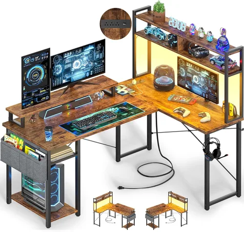 Vista 9 de Besiost Escritorio pequeño en forma de L para juegos con tomas de corriente, escritorio reversible en forma de L de 48" con LED para computadora