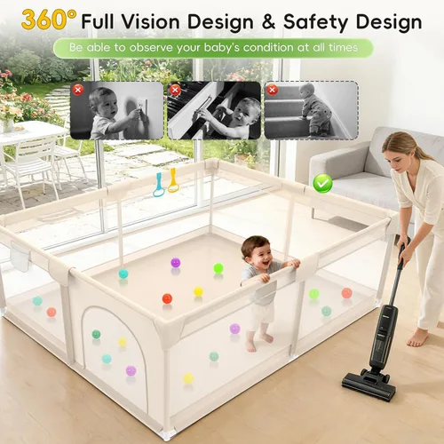 Vista 4 de Corralito para bebés y niños pequeños, 79 x 71 pulgadas, corralito de juego extragrande con cubierta de malla suave y transpirable, corral