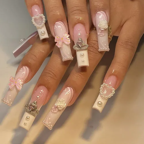 Vista 8 de 24 uñas postizas largas a presión de ataúd blanco y negro, uñas postizas reutilizables con diseño de patrón de ojos de cuadrícula de corazón, uñas