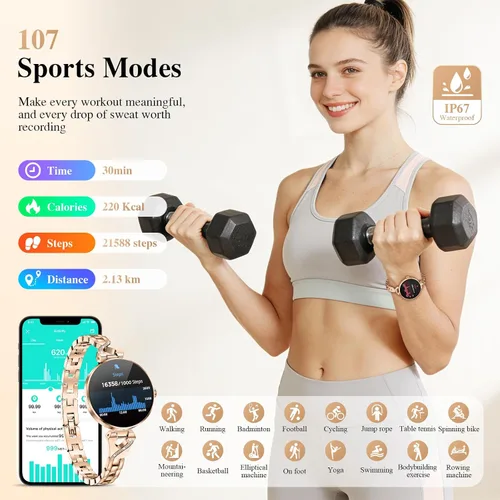 Vista 5 de Relojes inteligentes para mujer, pantalla AMOLED de 1.04", responder/hacer Oro rosa