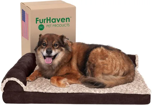 Vista 13 de Furhaven - Cama para perro de espuma viscoelástica, estilo diván en forma de L, de felpa y estampado de almendras, almendras azules, talla jumbo