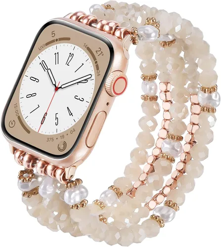 Vista 29 de MOFREE - Pulsera de cuentas compatible con Apple Watch Band de 1.496 in/1.575 in/1.614 in/1.65 in (38, 40, 41 y 42 mm) Series Negro/Oro