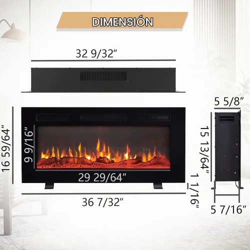Vista 4 de Efiretric® Grace - Chimenea eléctrica 3 en 1 de 36 pulgadas de ancho (EF449), independiente, montada en la pared, empotrada, efecto de llama de 9