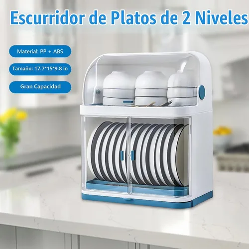 Vista 2 de Escurridor de platos con tapa, estante de secado de plástico de 2 niveles para cocina, platos y almacenamiento de platos