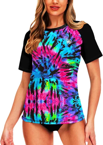 Vista 4 de AOBUTE Women Short Sleeve Rash Guard Gradient Sun Protection Swim Shirts