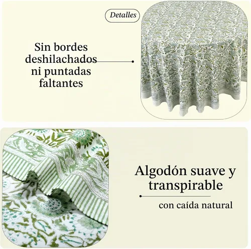 Vista 4 de CPC Mantel redondo - Mantel de algodón con estampado de bloques indios - Mantel de algodón impreso a mano y lavable - Primavera/Verano, mantel