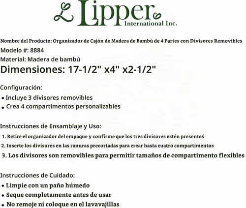 Vista 4 de Lipper International Organizador de cajones de bambú con 3 divisores extraíbles, marrón