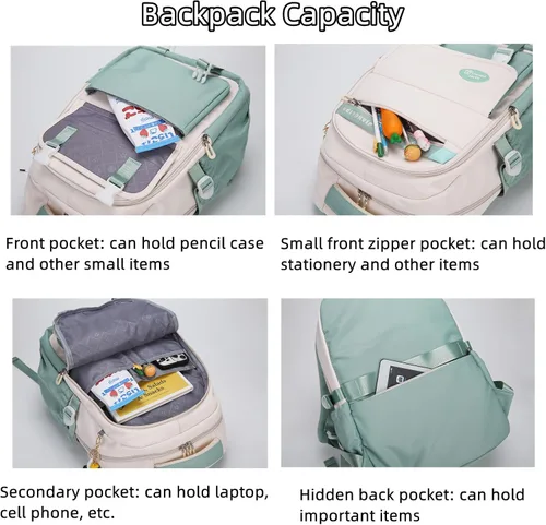 Vista 4 de Mildame Mochila estética para adolescentes, mochila clásica ligera para niños, bolsas casuales con bonito colgante, Morado claro y blanco