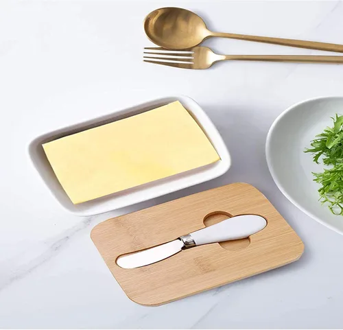 Vista 2 de Mantequillera hermética de porcelana con cuchillo, manteca rectangular hermética blanca con tapa de madera, recipiente grande de cerámica, 6.8 x 3.5