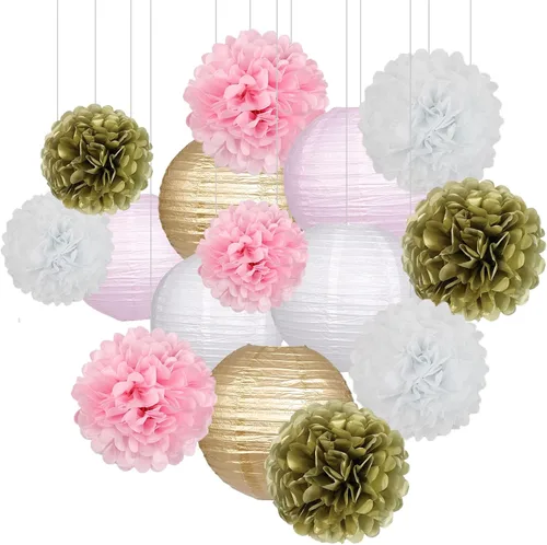Vista 10 de Linternas de papel pompones de papel negro y dorado para decoración Negro/dorado