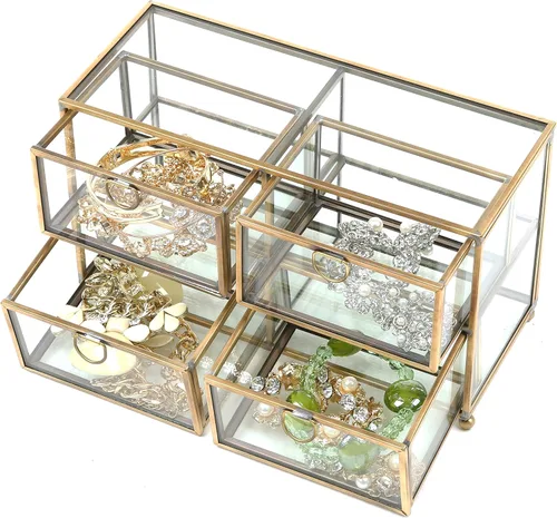 Vista 4 de MyGift Joyero de cristal transparente vintage con marco de metal de latón y 4 cajones extraíbles
