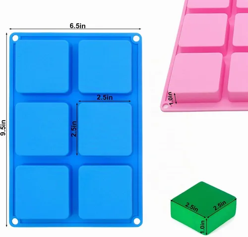 Vista 5 de Bangp Paquete de 4 moldes cuadrados para jabón, moldes de silicona antiadherentes de 6 cavidades, bandejas cuadradas para cubitos de hielo, moldes